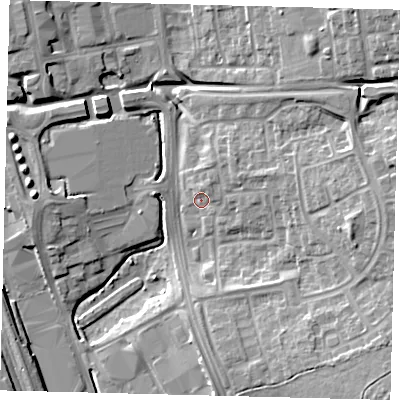 Shaded relief map of the ground around SG11TS, computed from Environment Agency LiDAR. The ground here sits at about 88 m above sea level and falls 17 m across the surrounding 800 m. Surface water reaching this point runs off ground lying to the east-north-east, 4.8 m higher.