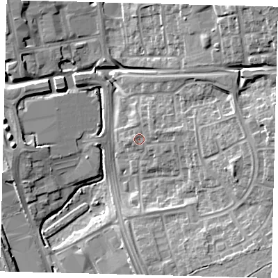 Shaded relief map of the ground around SG11TU, computed from Environment Agency LiDAR. The ground here sits at about 89 m above sea level and falls 19 m across the surrounding 800 m. Surface water reaching this point runs off ground lying to the east-north-east, 1.7 m higher.