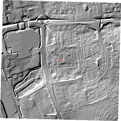 Shaded relief map of the ground around SG11TW, computed from Environment Agency LiDAR. The ground here sits at about 89 m above sea level and falls 17 m across the surrounding 800 m. Surface water reaching this point runs off ground lying to the north-east, 2.1 m higher.