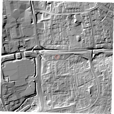 Shaded relief map of the ground around SG11TZ, computed from Environment Agency LiDAR. The ground here sits at about 89 m above sea level and falls 23 m across the surrounding 800 m. Surface water reaching this point runs off ground lying to the north-east, 18.1 m higher.
