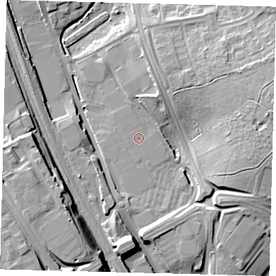 Shaded relief map of the ground around SG11XN, computed from Environment Agency LiDAR. The ground here sits at about 87 m above sea level and falls 17 m across the surrounding 800 m. The ground contributing surface water to this point lies to the south-east.