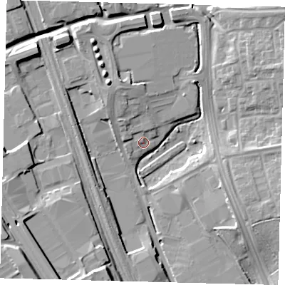 Shaded relief map of the ground around SG11XR, computed from Environment Agency LiDAR. The ground here sits at about 87 m above sea level and falls 18 m across the surrounding 800 m. Surface water reaching this point runs off ground lying to the north-north-west, 4.1 m higher.