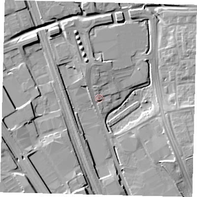 Shaded relief map of the ground around SG11XW, computed from Environment Agency LiDAR. The ground here sits at about 88 m above sea level and falls 18 m across the surrounding 800 m. Surface water reaching this point runs off ground lying to the north-north-west, 4.2 m higher.