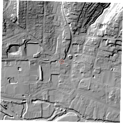 Shaded relief map of the ground around SG120AA, computed from Environment Agency LiDAR. The ground here sits at about 37 m above sea level and falls 26 m across the surrounding 800 m. Surface water reaching this point runs off ground lying to the north-west, 21.7 m higher.