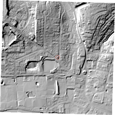Shaded relief map of the ground around SG120AD, computed from Environment Agency LiDAR. The ground here sits at about 42 m above sea level and falls 31 m across the surrounding 800 m. Surface water reaching this point runs off ground lying to the north-north-west, 13.6 m higher.