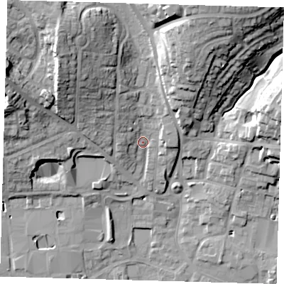 Shaded relief map of the ground around SG120AQ, computed from Environment Agency LiDAR. The ground here sits at about 39 m above sea level and falls 28 m across the surrounding 800 m. Surface water reaching this point runs off ground lying to the north-north-east, 21.9 m higher.