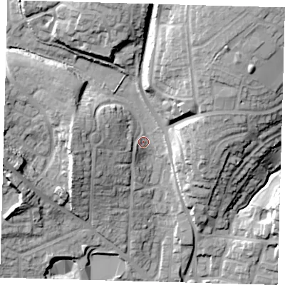 Shaded relief map of the ground around SG120BL, computed from Environment Agency LiDAR. The ground here sits at about 45 m above sea level and falls 31 m across the surrounding 800 m. Surface water reaching this point runs off ground lying to the north-north-east, 23.2 m higher.