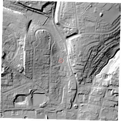 Shaded relief map of the ground around SG120BP, computed from Environment Agency LiDAR. The ground here sits at about 43 m above sea level and falls 32 m across the surrounding 800 m. Surface water reaching this point runs off ground lying to the north-north-east, 23.2 m higher.