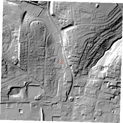 Shaded relief map of the ground around SG120BS, computed from Environment Agency LiDAR. The ground here sits at about 42 m above sea level and falls 31 m across the surrounding 800 m. Surface water reaching this point runs off ground lying to the north-north-east, 22.0 m higher.