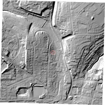 Shaded relief map of the ground around SG120BW, computed from Environment Agency LiDAR. The ground here sits at about 44 m above sea level and falls 31 m across the surrounding 800 m. Surface water reaching this point runs off ground lying to the west, 16.0 m higher.