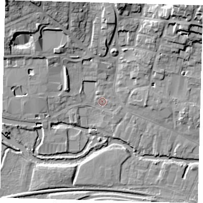 Shaded relief map of the ground around SG120DA, computed from Environment Agency LiDAR. The ground here sits at about 34 m above sea level and falls 21 m across the surrounding 800 m. Surface water reaching this point runs off ground lying to the north-east, 18.3 m higher.