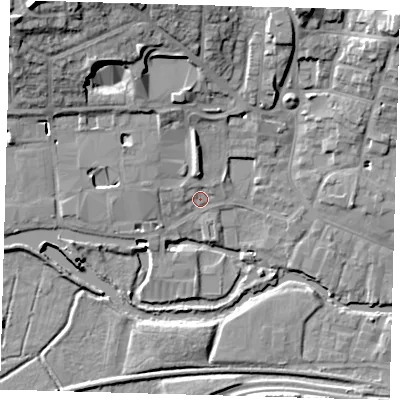 Shaded relief map of the ground around SG120DE, computed from Environment Agency LiDAR. The ground here sits at about 34 m above sea level and falls 22 m across the surrounding 800 m. Surface water reaching this point runs off ground lying to the north-west, 1.7 m higher.