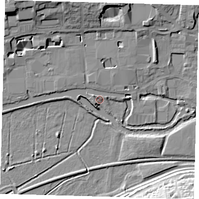 Shaded relief map of the ground around SG120DH, computed from Environment Agency LiDAR. The ground here sits at about 34 m above sea level and falls 19 m across the surrounding 800 m. Surface water reaching this point runs off ground lying to the west-north-west, 2.5 m higher.