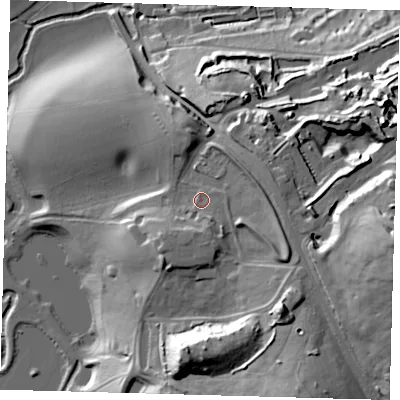 Shaded relief map of the ground around SG120ES, computed from Environment Agency LiDAR. The ground here sits at about 67 m above sea level and falls 50 m across the surrounding 800 m. Surface water reaching this point runs off ground lying to the south-south-east, 4.3 m higher.