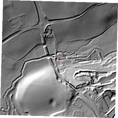 Shaded relief map of the ground around SG120ET, computed from Environment Agency LiDAR. The ground here sits at about 44 m above sea level and falls 34 m across the surrounding 800 m. Surface water reaching this point runs off ground lying to the south-east, 31.7 m higher.
