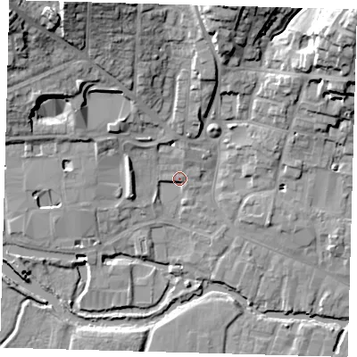 Shaded relief map of the ground around SG120GF, computed from Environment Agency LiDAR. The ground here sits at about 36 m above sea level and falls 24 m across the surrounding 800 m. Surface water reaching this point runs off ground lying to the north-north-west, 3.6 m higher.