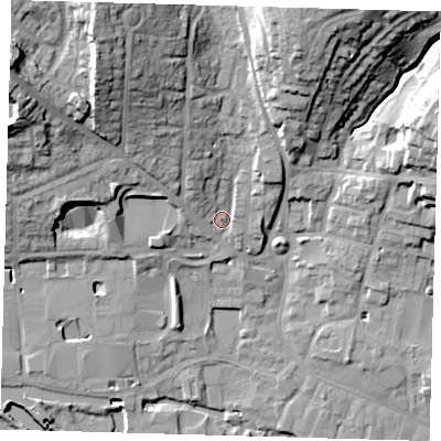 Shaded relief map of the ground around SG120GP, computed from Environment Agency LiDAR. The ground here sits at about 38 m above sea level and falls 28 m across the surrounding 800 m. Surface water reaching this point runs off ground lying to the north-west, 21.4 m higher.