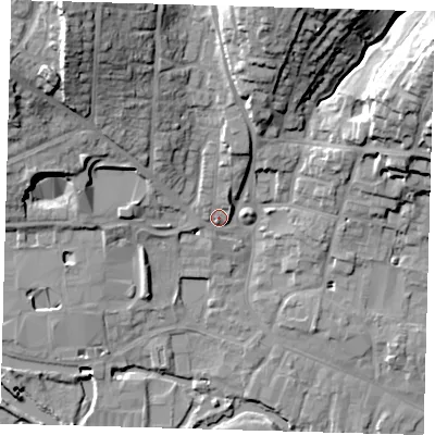 Shaded relief map of the ground around SG120GT, computed from Environment Agency LiDAR. The ground here sits at about 37 m above sea level and falls 27 m across the surrounding 800 m. Surface water reaching this point runs off ground lying to the north-west, 22.8 m higher.