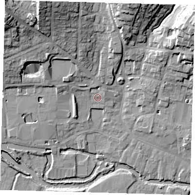 Shaded relief map of the ground around SG120HU, computed from Environment Agency LiDAR. The ground here sits at about 36 m above sea level and falls 25 m across the surrounding 800 m. Surface water reaching this point runs off ground lying to the north, 3.1 m higher.