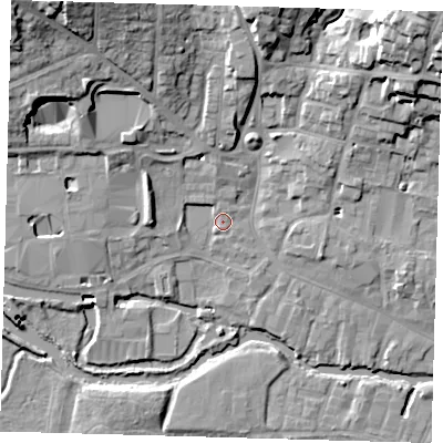 Shaded relief map of the ground around SG120HY, computed from Environment Agency LiDAR. The ground here sits at about 35 m above sea level and falls 23 m across the surrounding 800 m. Surface water reaching this point runs off ground lying to the north-north-west, 3.6 m higher.