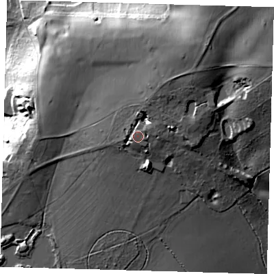 Shaded relief map of the ground around SG120JB, computed from Environment Agency LiDAR. The ground here sits at about 108 m above sea level and falls 31 m across the surrounding 800 m. Surface water reaching this point runs off ground lying to the north-north-east, 7.5 m higher.