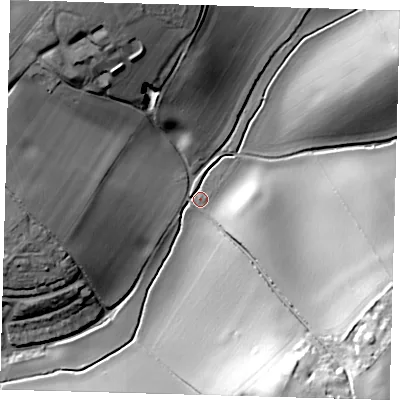 Shaded relief map of the ground around SG120JP, computed from Environment Agency LiDAR. The ground here sits at about 77 m above sea level and falls 45 m across the surrounding 800 m. Surface water reaching this point runs off ground lying to the south-east, 39.1 m higher.