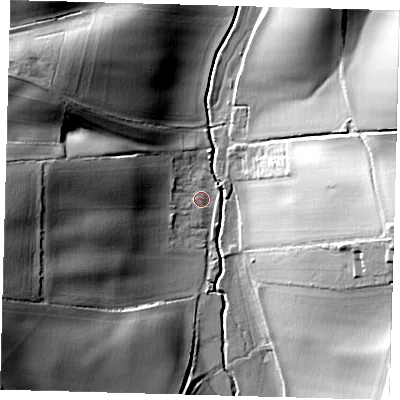 Shaded relief map of the ground around SG120JW, computed from Environment Agency LiDAR. The ground here sits at about 62 m above sea level and falls 31 m across the surrounding 800 m. Surface water reaching this point runs off ground lying to the west, 28.5 m higher.
