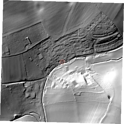 Shaded relief map of the ground around SG120LH, computed from Environment Agency LiDAR. The ground here sits at about 70 m above sea level and falls 43 m across the surrounding 800 m. Surface water reaching this point runs off ground lying to the south-east, 40.1 m higher.