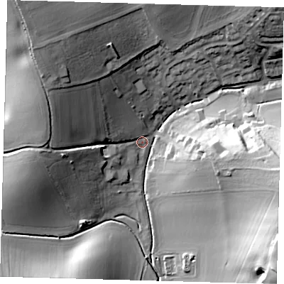 Shaded relief map of the ground around SG120LL, computed from Environment Agency LiDAR. The ground here sits at about 69 m above sea level and falls 34 m across the surrounding 800 m. Surface water reaching this point runs off ground lying to the north-west, 24.6 m higher.