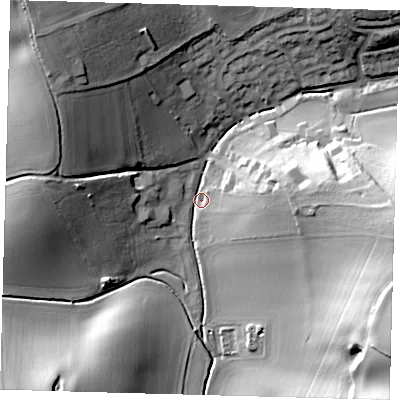 Shaded relief map of the ground around SG120LN, computed from Environment Agency LiDAR. The ground here sits at about 68 m above sea level and falls 36 m across the surrounding 800 m. Surface water reaching this point runs off ground lying to the east, 28.7 m higher.