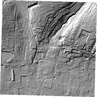 Shaded relief map of the ground around SG120PU, computed from Environment Agency LiDAR. The ground here sits at about 39 m above sea level and falls 29 m across the surrounding 800 m. Surface water reaching this point runs off ground lying to the east-north-east, 23.9 m higher.