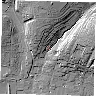 Shaded relief map of the ground around SG120PY, computed from Environment Agency LiDAR. The ground here sits at about 42 m above sea level and falls 31 m across the surrounding 800 m. Surface water reaching this point runs off ground lying to the north, 26.3 m higher.