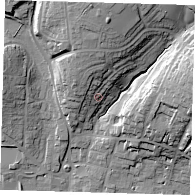 Shaded relief map of the ground around SG120PZ, computed from Environment Agency LiDAR. The ground here sits at about 48 m above sea level and falls 31 m across the surrounding 800 m. Surface water reaching this point runs off ground lying to the north-north-west, 11.5 m higher.