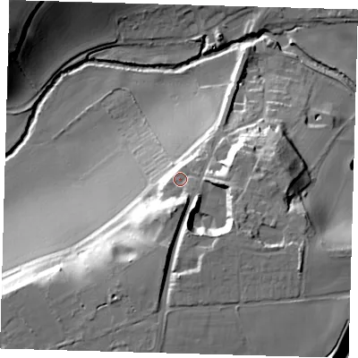 Shaded relief map of the ground around SG120RA, computed from Environment Agency LiDAR. The ground here sits at about 67 m above sea level and falls 34 m across the surrounding 800 m. Surface water reaching this point runs off ground lying to the south, 7.5 m higher.