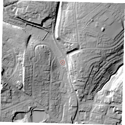 Shaded relief map of the ground around SG120RD, computed from Environment Agency LiDAR. The ground here sits at about 44 m above sea level and falls 31 m across the surrounding 800 m. Surface water reaching this point runs off ground lying to the north-north-east, 23.7 m higher.