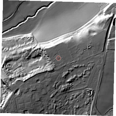 Shaded relief map of the ground around SG120SQ, computed from Environment Agency LiDAR. The ground here sits at about 76 m above sea level and falls 35 m across the surrounding 800 m. Surface water reaching this point runs off ground lying to the north-north-west, 1.0 m higher.