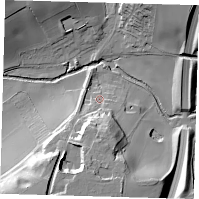 Shaded relief map of the ground around SG120SY, computed from Environment Agency LiDAR. The ground here sits at about 55 m above sea level and falls 33 m across the surrounding 800 m. Surface water reaching this point runs off ground lying to the south, 23.4 m higher.
