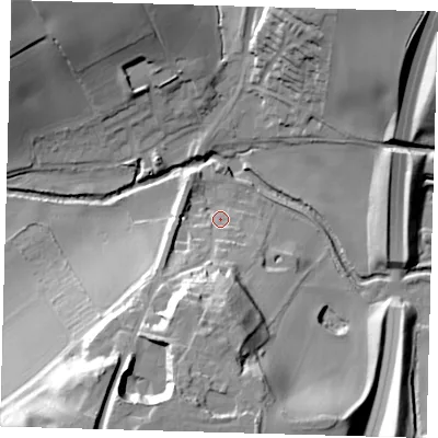 Shaded relief map of the ground around SG120SZ, computed from Environment Agency LiDAR. The ground here sits at about 52 m above sea level and falls 33 m across the surrounding 800 m. Surface water reaching this point runs off ground lying to the south, 26.5 m higher.