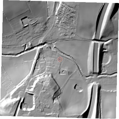 Shaded relief map of the ground around SG120TA, computed from Environment Agency LiDAR. The ground here sits at about 50 m above sea level and falls 33 m across the surrounding 800 m. Surface water reaching this point runs off ground lying to the south-south-west, 30.0 m higher.