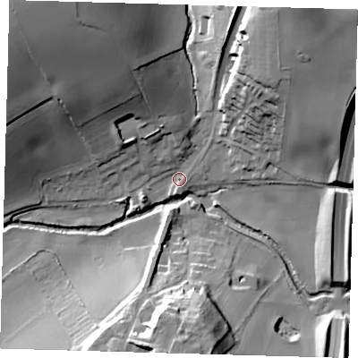 Shaded relief map of the ground around SG120TD, computed from Environment Agency LiDAR. The ground here sits at about 50 m above sea level and falls 36 m across the surrounding 800 m. Surface water reaching this point runs off ground lying to the north-north-east, 31.2 m higher.
