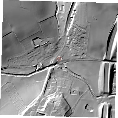Shaded relief map of the ground around SG120TL, computed from Environment Agency LiDAR. The ground here sits at about 49 m above sea level and falls 35 m across the surrounding 800 m. Surface water reaching this point runs off ground lying to the north-west, 1.1 m higher.