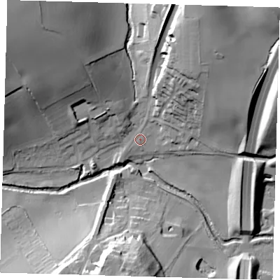 Shaded relief map of the ground around SG120TN, computed from Environment Agency LiDAR. The ground here sits at about 50 m above sea level and falls 36 m across the surrounding 800 m. Surface water reaching this point runs off ground lying to the north-west, 31.6 m higher.