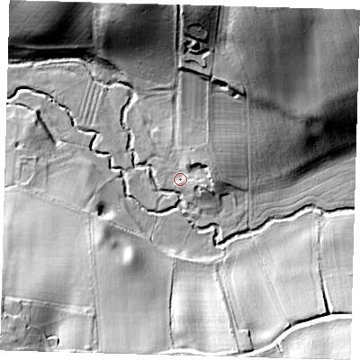Shaded relief map of the ground around SG120UE, computed from Environment Agency LiDAR. The ground here sits at about 52 m above sea level and falls 34 m across the surrounding 800 m. Surface water reaching this point runs off ground lying to the east-north-east, 4.7 m higher.