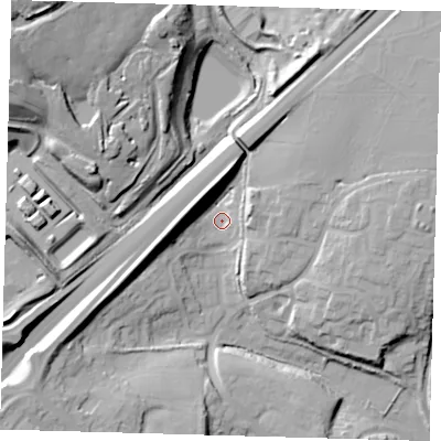 Shaded relief map of the ground around SG120XS, computed from Environment Agency LiDAR. The ground here sits at about 54 m above sea level and falls 43 m across the surrounding 800 m. Surface water reaching this point runs off ground lying to the north-west, 34.1 m higher.