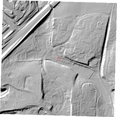 Shaded relief map of the ground around SG120XT, computed from Environment Agency LiDAR. The ground here sits at about 50 m above sea level and falls 34 m across the surrounding 800 m. Surface water reaching this point runs off ground lying to the north-east, 14.3 m higher.