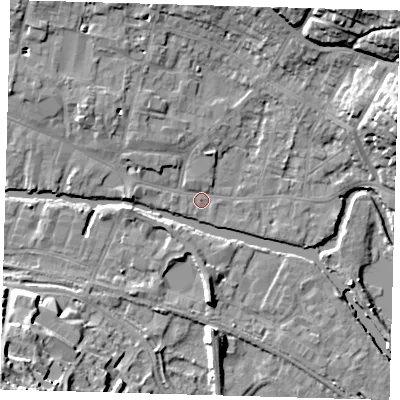 Shaded relief map of the ground around SG127AA, computed from Environment Agency LiDAR. The ground here sits at about 33 m above sea level and falls 26 m across the surrounding 800 m. Surface water reaching this point runs off ground lying to the north-west, 3.1 m higher.
