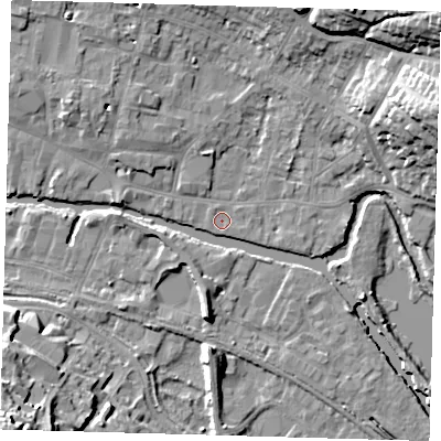 Shaded relief map of the ground around SG127AB, computed from Environment Agency LiDAR. The ground here sits at about 33 m above sea level and falls 27 m across the surrounding 800 m. The ground contributing surface water to this point lies to the east-south-east.