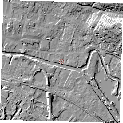Shaded relief map of the ground around SG127AF, computed from Environment Agency LiDAR. The ground here sits at about 33 m above sea level and falls 24 m across the surrounding 800 m. Surface water reaching this point runs off ground lying to the south-south-west, 5.6 m higher.
