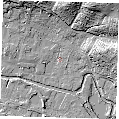 Shaded relief map of the ground around SG127AG, computed from Environment Agency LiDAR. The ground here sits at about 33 m above sea level and falls 32 m across the surrounding 800 m. Surface water reaching this point runs off ground lying to the north-north-west, 17.8 m higher.