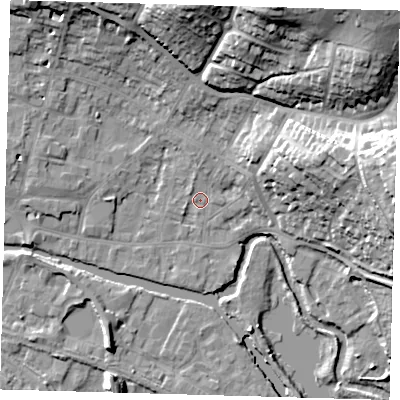 Shaded relief map of the ground around SG127AH, computed from Environment Agency LiDAR. The ground here sits at about 33 m above sea level and falls 31 m across the surrounding 800 m. Surface water reaching this point runs off ground lying to the north-east, 27.8 m higher.